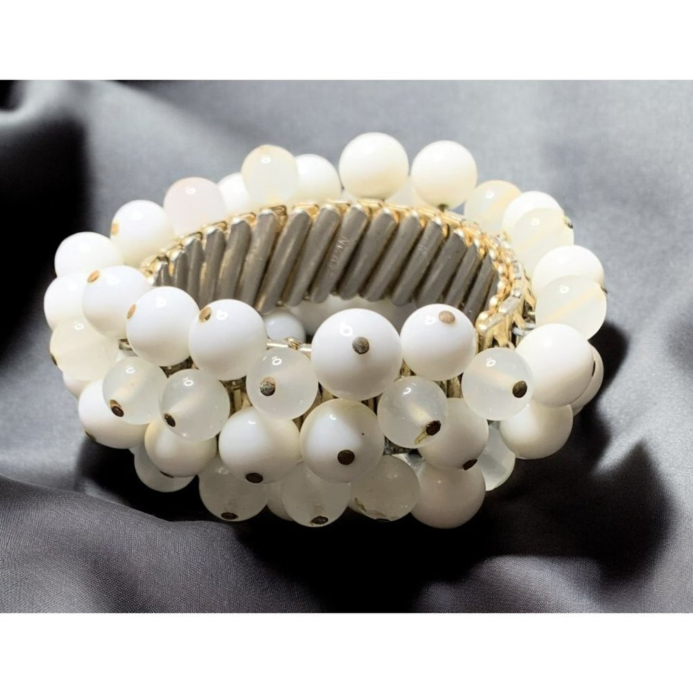 VTG 30s 40s White Glass Bead Expandable Bracelet Brass Antique Book Piece